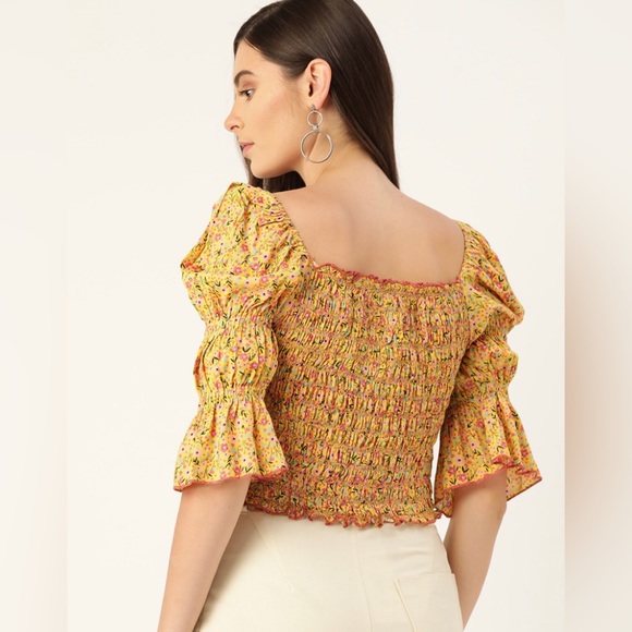 Antheaa NWOT Yellow and Pink Floral Pure Cotton Smocked Top with Puff Sleeves - Picture 2 of 7